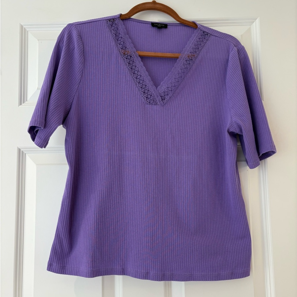 Talbots Lavender V-Neck Lace Short Sleeve Top